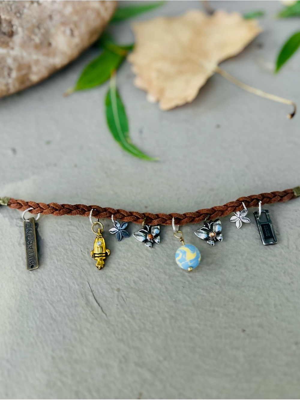Braided Brown Leather Charm Bracelet with Blue Globe and Floral Charms